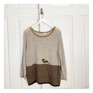 Garnet Hill Bird Nature Motif Oatmeal Brown Crewneck Sweater Wool Acrylic Sz XL